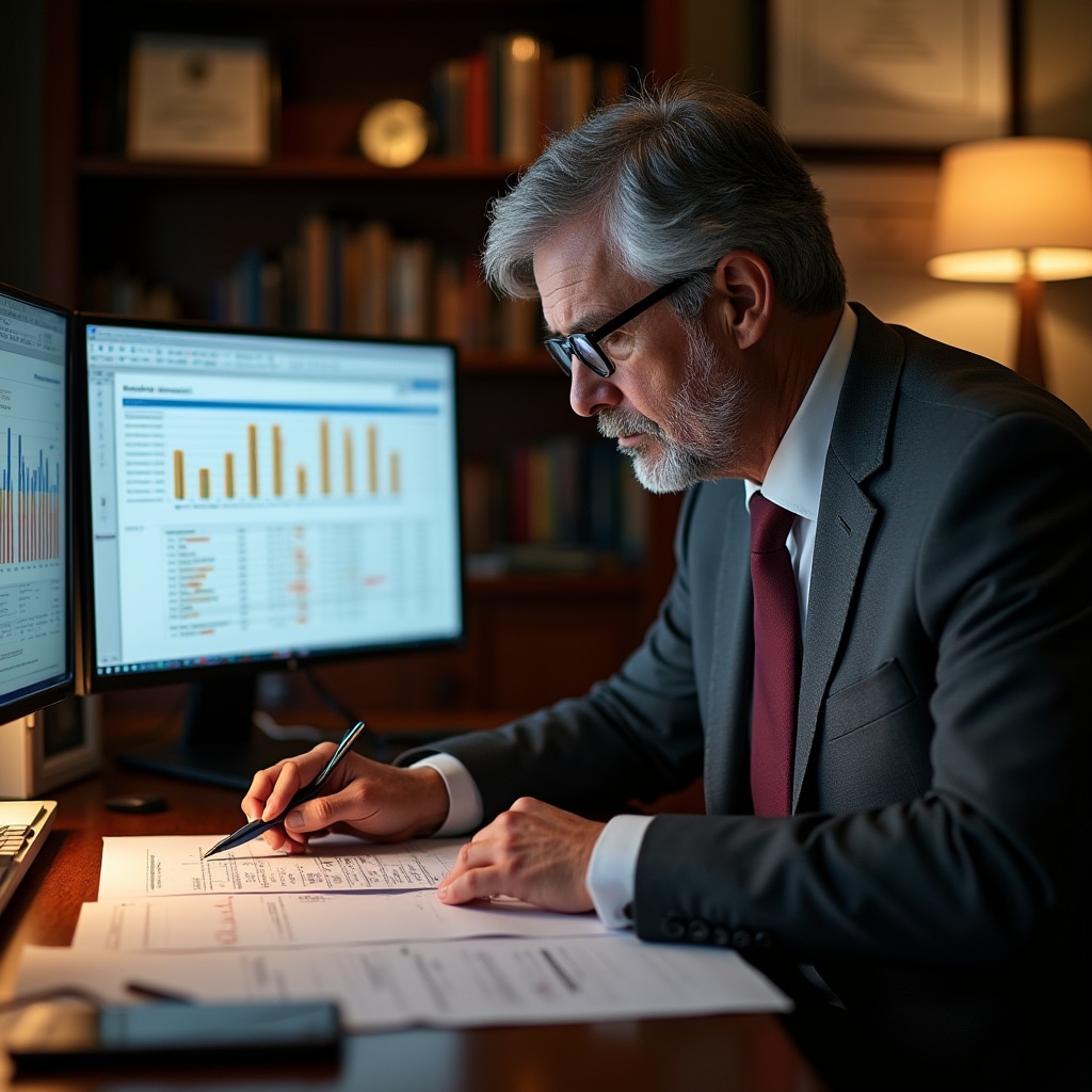 Manager analyzing financial data and budget spreadsheets